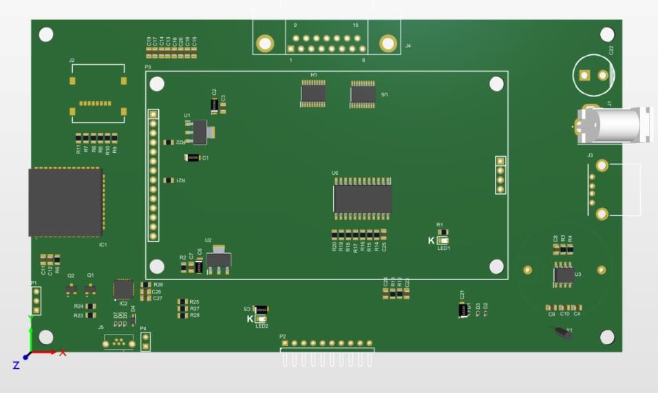 PCB layout of the eJacq main controller board showing the microcontroller and peripheral devices
