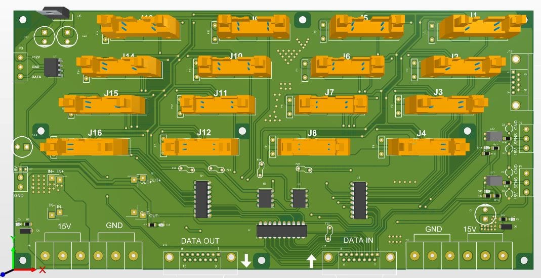 PCB layout of the eJacq hook driver board with sixteen output connectors and chained data headers