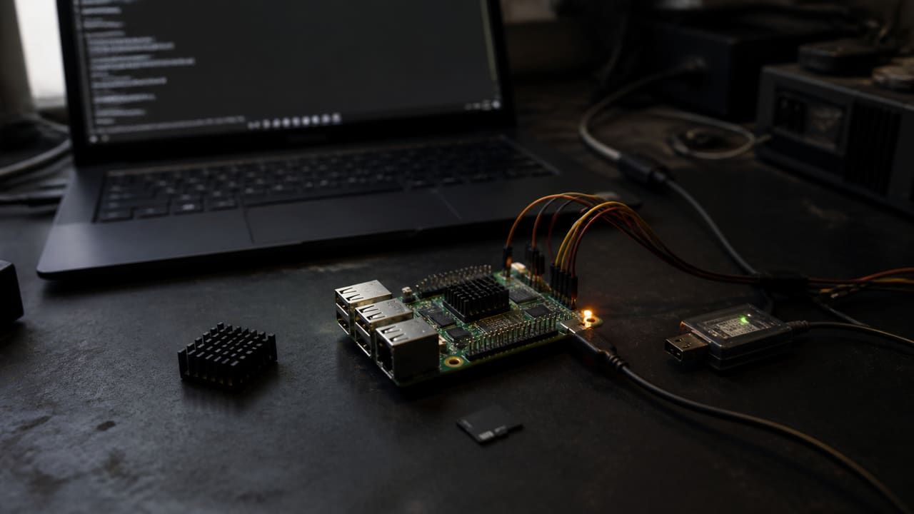 Single-board computer wired to a laptop over a USB serial adapter during Linux bring-up