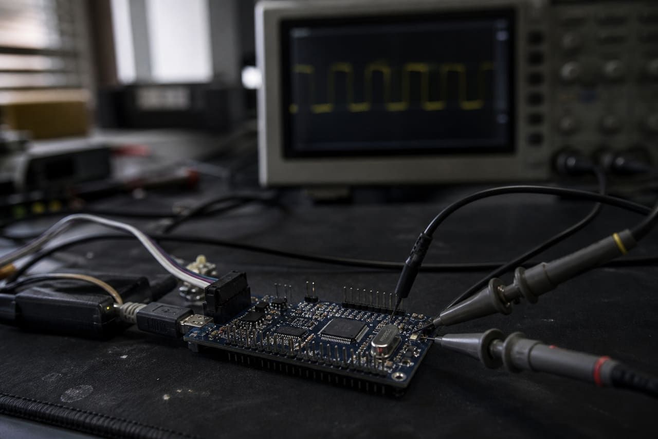 Oscilloscope probes on a microcontroller development board, with a square wave on the scope behind