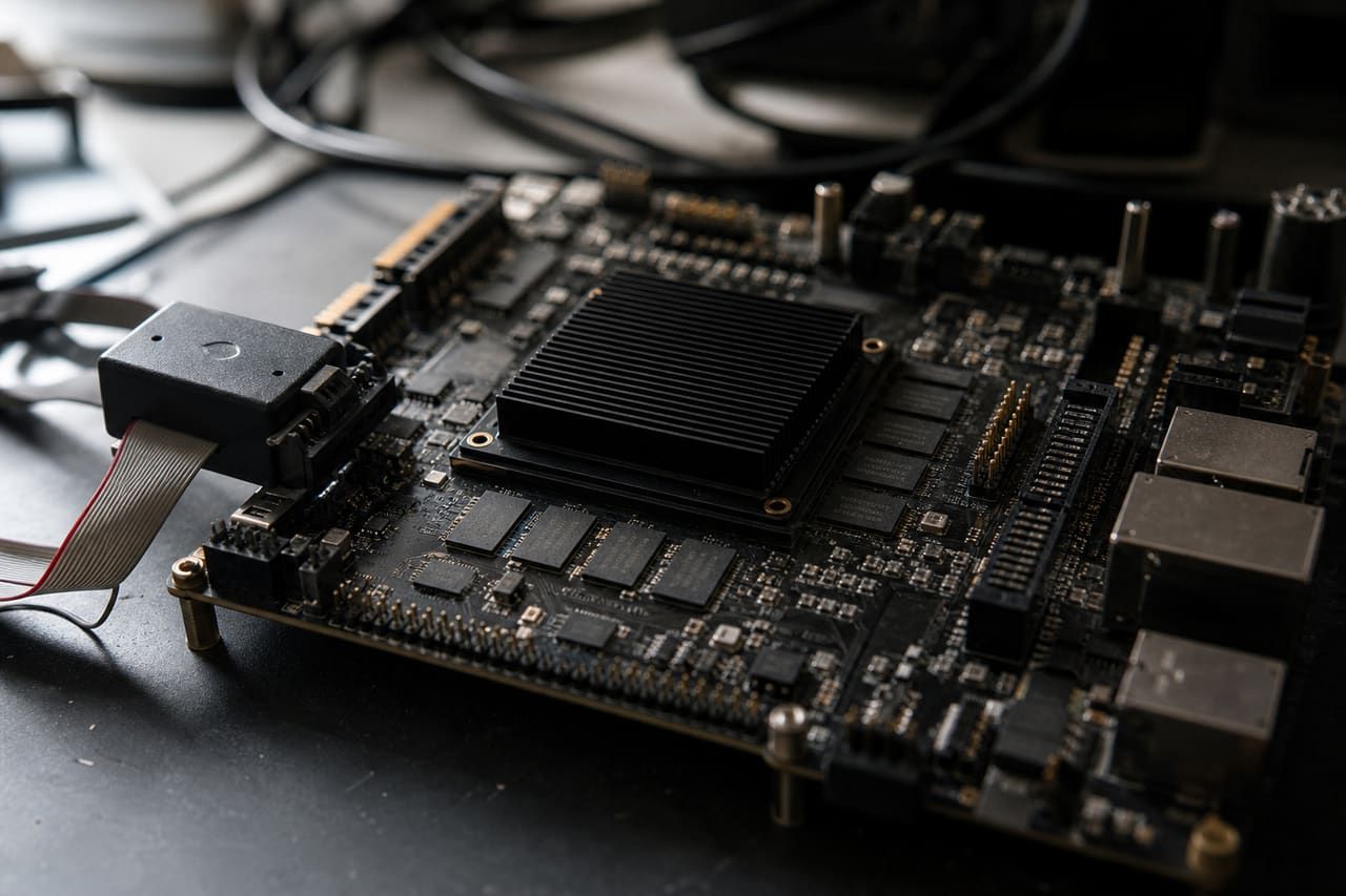 FPGA development board with a heatsinked device and JTAG programmer attached