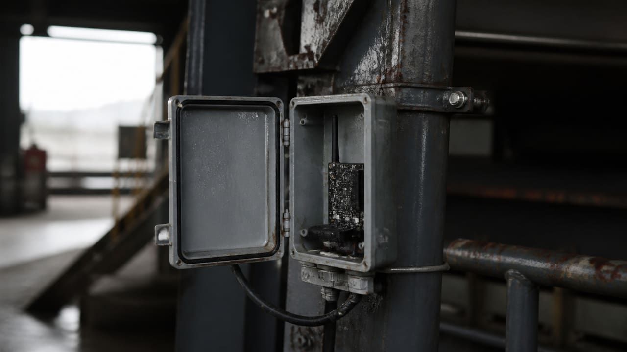 Weatherproof IoT sensor enclosure opened on a steel frame at an industrial site
