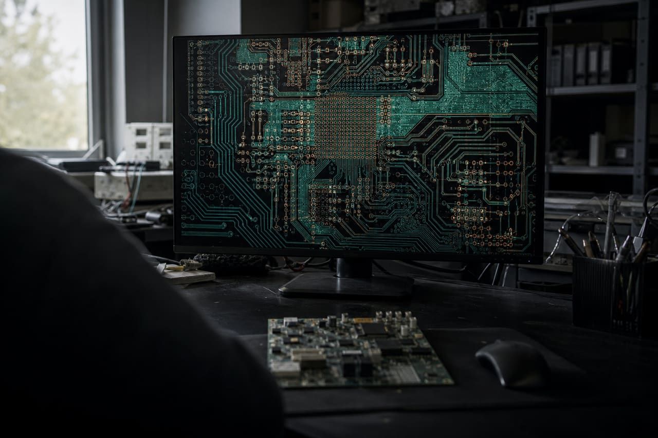 Dense multi-layer PCB routing displayed on a designer monitor beside a prototype board