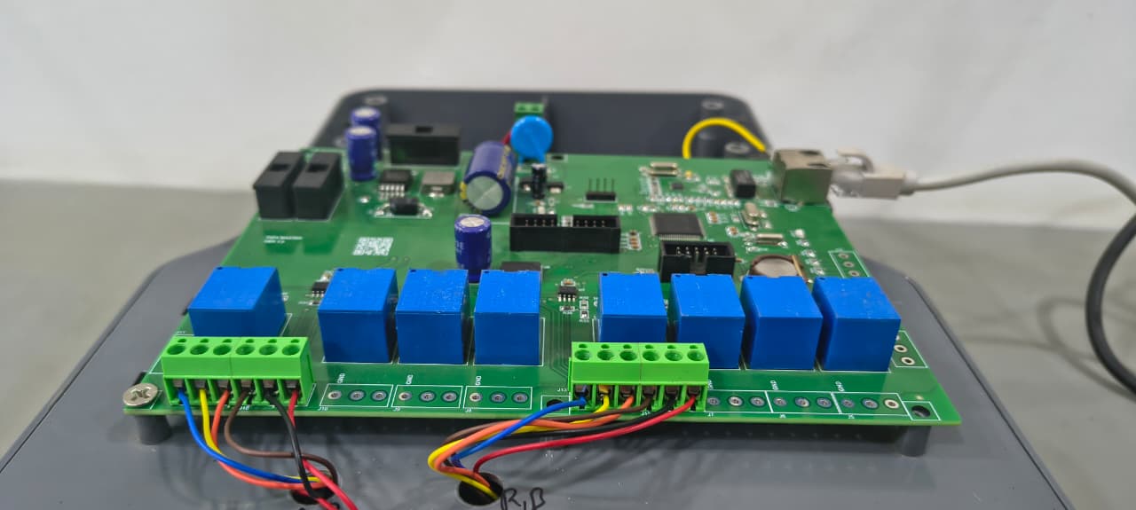 M100 master controller board with relay bank, terminal blocks and Ethernet jack