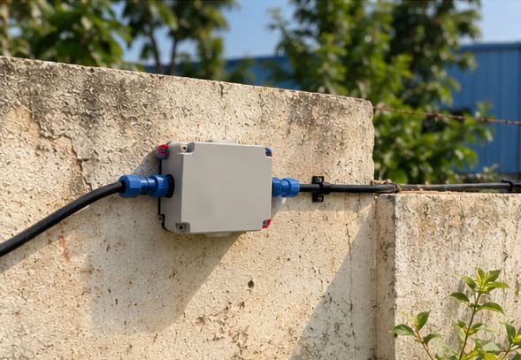 An N100 sensing node installed on a compound wall, sealed cable glands at each end feeding the conduit run along the perimeter