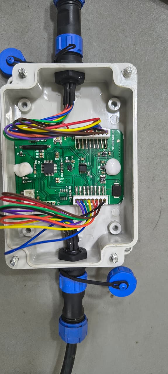 Inside an N100 sensing node: the GT-RSENSE board in its IP-rated enclosure with sealed circular connectors at each end