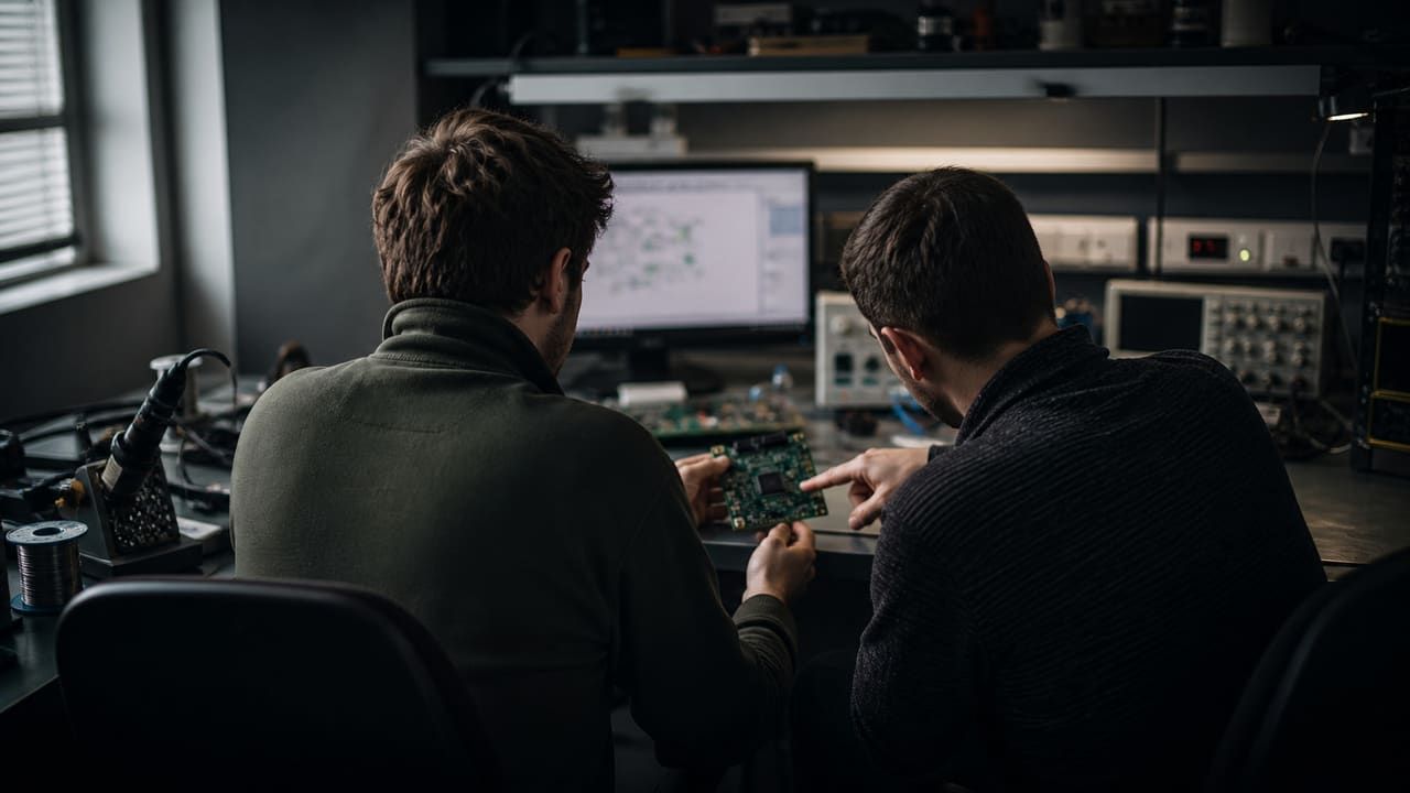 Two engineers at a lab bench reviewing a circuit board together